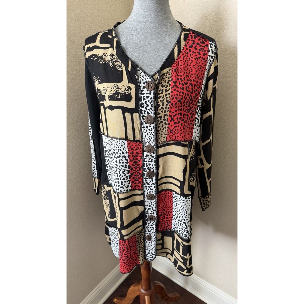 John Mark Size Medium Red Black Tan Mixed Print Button Front Tunic Top